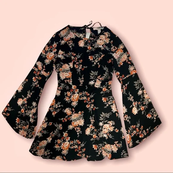 70s dress flare sleeve Women's Rose Lace Mini Dress